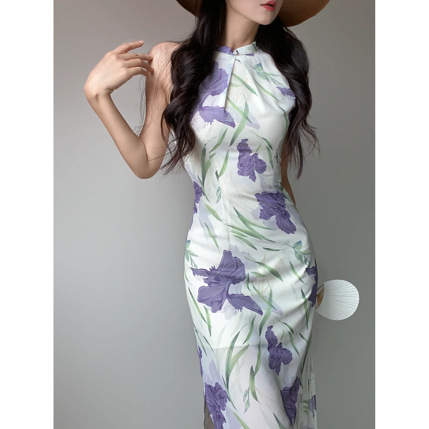 Retro Chinese Style Chiffon Printed Improved Young Cheongsam Dress Summer Sleeveless Backless Banquet Formal Dress Sexy