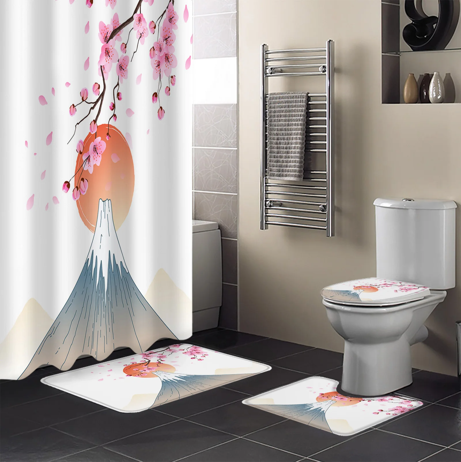 Japanese Style Mt. Fuji Sakura Shower Curtain Set Non-Slip Rugs Bath Mat Toilet Lid Cover Waterproof Polyester Bathroom Curtain