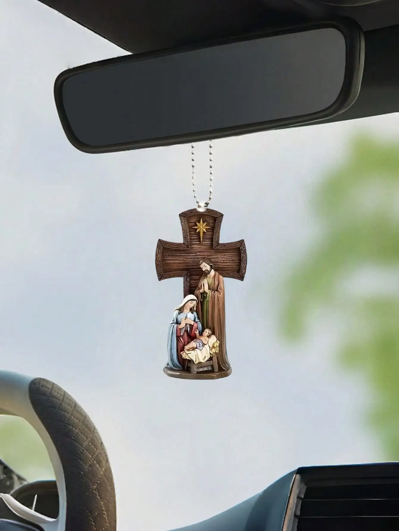 Nativity Car Ornament - Holy Family & Cross Pendant with Star - Religious Rearview Mirror Decor