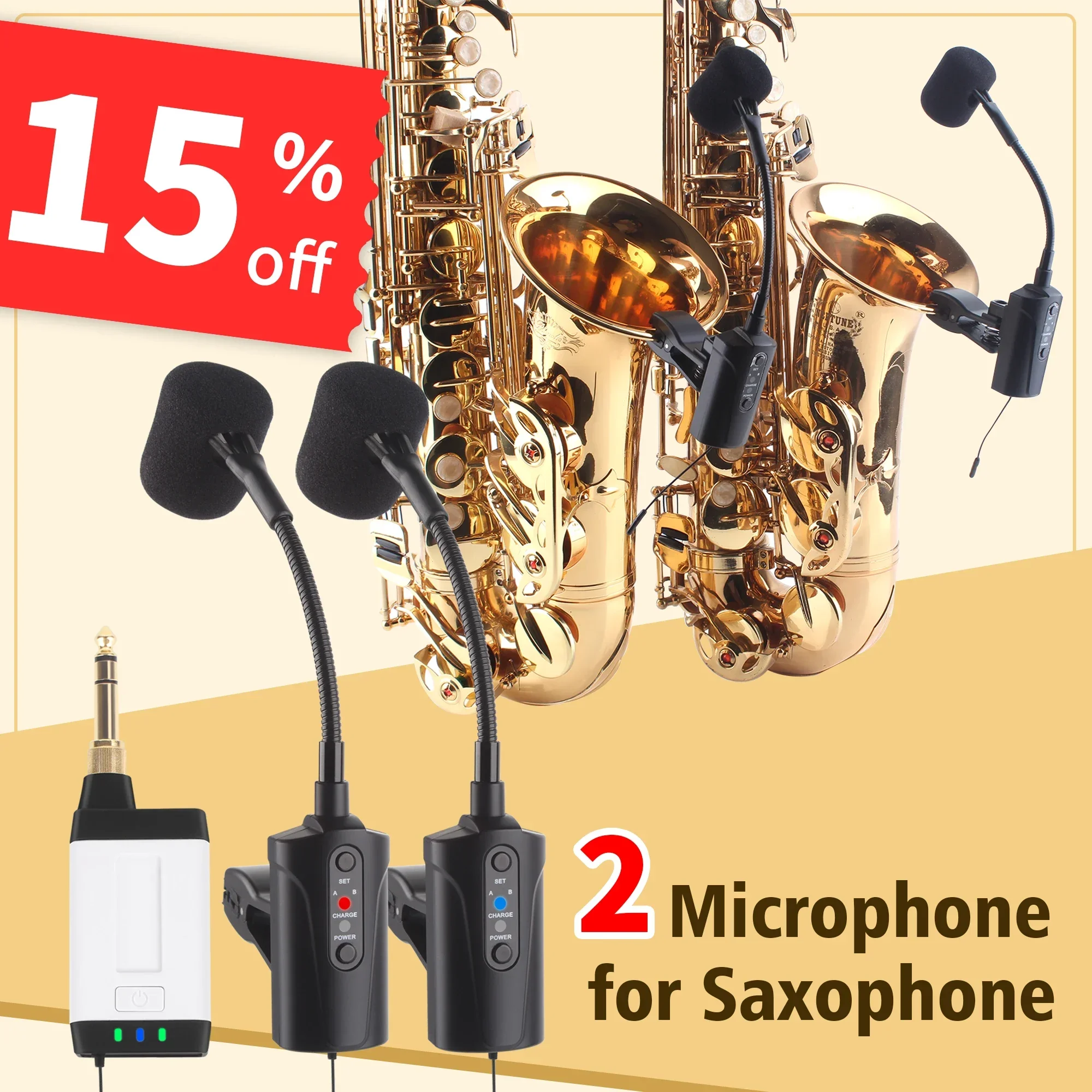 Double Microphone for Saxophone Q2/ST-5 Wireless Sax Microphone UHF Clip-on Mic Receiver and 2 Transmitter System for Saxophone