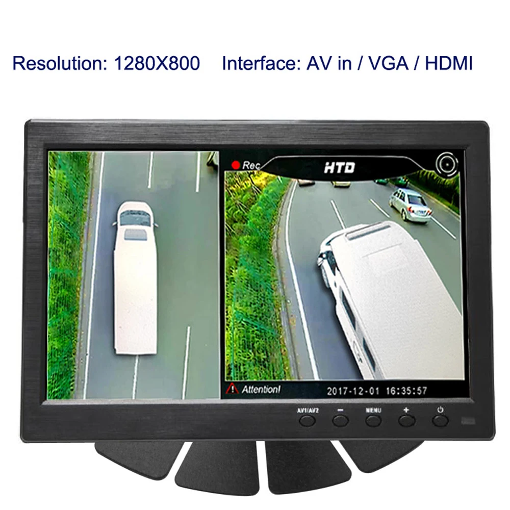 Monitor HD de 10 pulgadas para coche, camión, autobús, pantalla TFT LCD, AV, VGA, vista trasera, 12V/24V, 1280x800