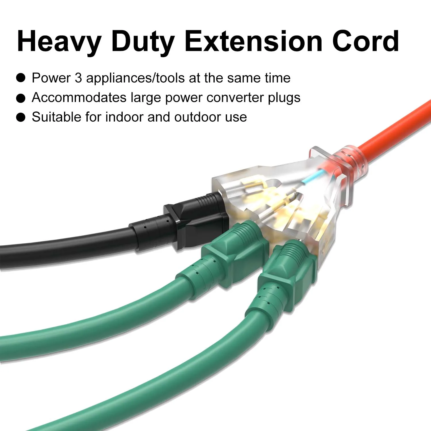 US Heavy Duty 15ft Power Extension Cord with Triangular Lighting Angle Rugged SJTW 3 Way Outlet, Grounded 15A 1875W