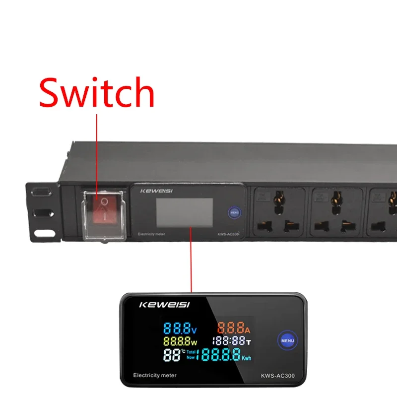 PDU Cabinet Sockets Power Strip Distribution Unit with Digital Volt Watt Kwh temperature meter switch 17Ways Universal Socket