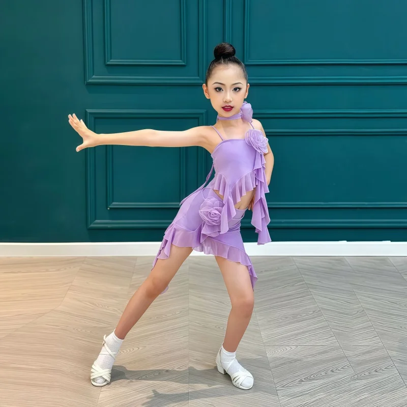 2025Nueva ropa de práctica de baile latino Cha-cha Rumba para niñas de verano, ropa de práctica de sensación de alta gama para niños, ropa de entrenamiento de baile latino