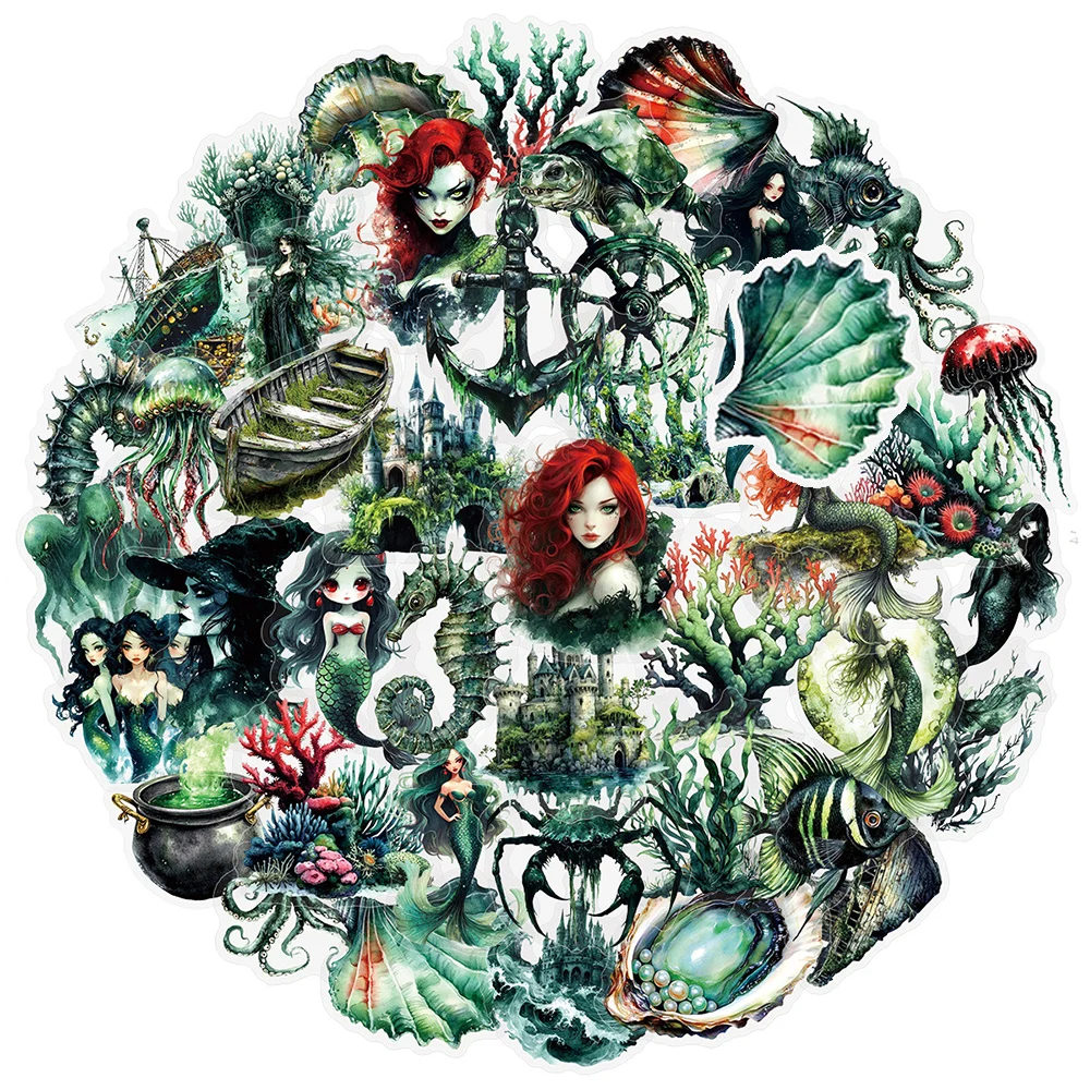 

10/30/50pcs Vintage Horror Green Gothic Mermaid Stickers Transparent Marine Animals Decals Laptop Luggage Phone Sticker Packing