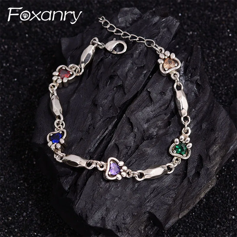 Foxanry Multicolor Zircon Cat Claw Bracelet For Women Girls Vintage Trendy Cute Sweet Elegant Creative Birthday Jewelry Gifts