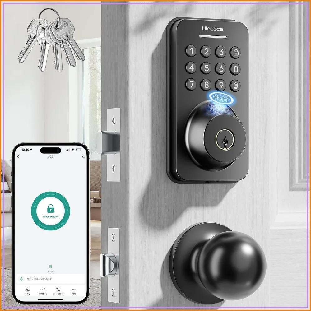 

Fingerprint Keypad Deadbolt with Knob, Keyless Entry Door Lock, App Control, Auto Lock, 100 User Codes, Easy Install, Matte Black