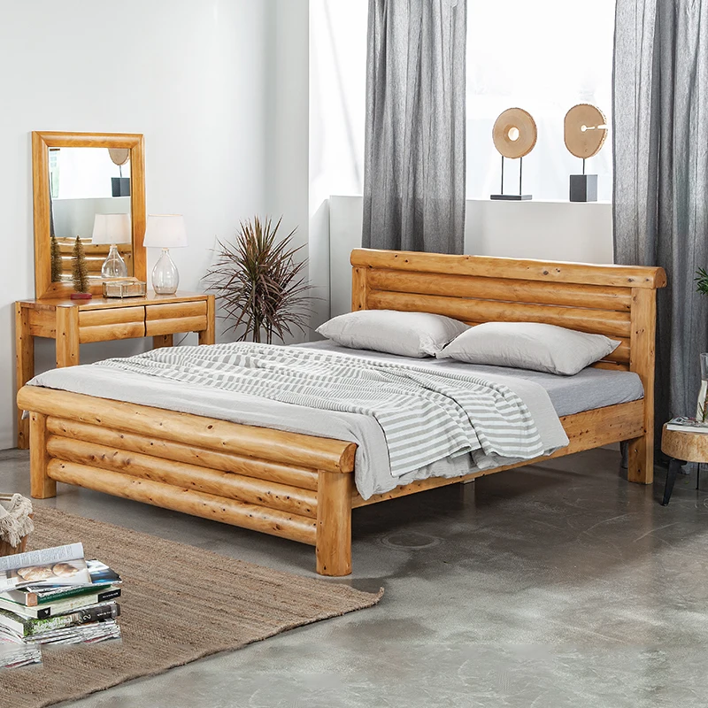 Solid Wood Master Bedroom Double Bed 1.5 M Log Bed 1.8 M Hard-Based Bed Chinese Bed & Breakfast Furniture