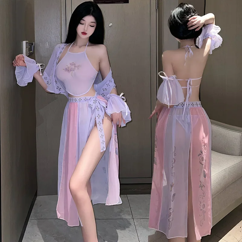 Women Sexy Chinese Costumes Perspective Pajamas Erotic Lingerie Set Traditional Hanfu Skirt Cosplay Lady Exotic Nightwear Purple