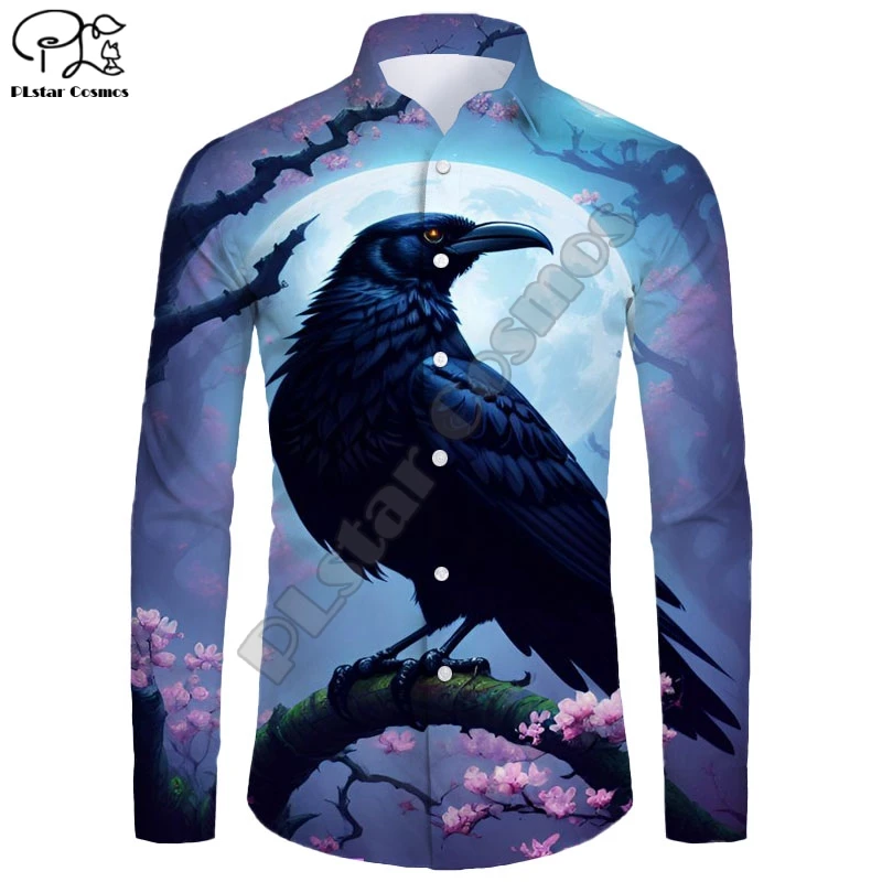 New Hawaiian Shirt 3D Printing Halloween Series Crow Pattern Long Sleeve Shirt Casual Unisex Shirt