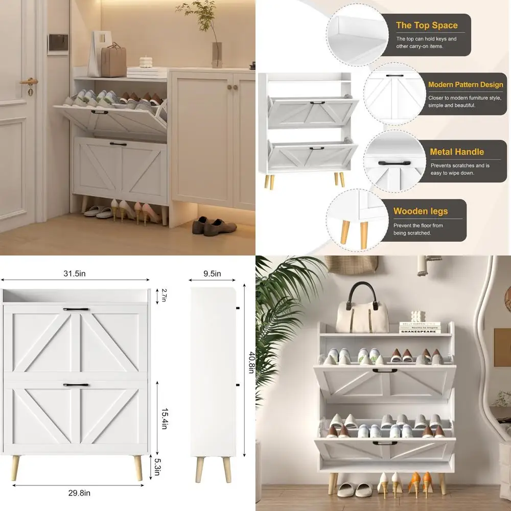 

Large Shoe Organizer Cabinet with 2 Flip Drawers, Hidden Rack Storage for Entryway, Wooden Legs Shoe Storage Cabinet