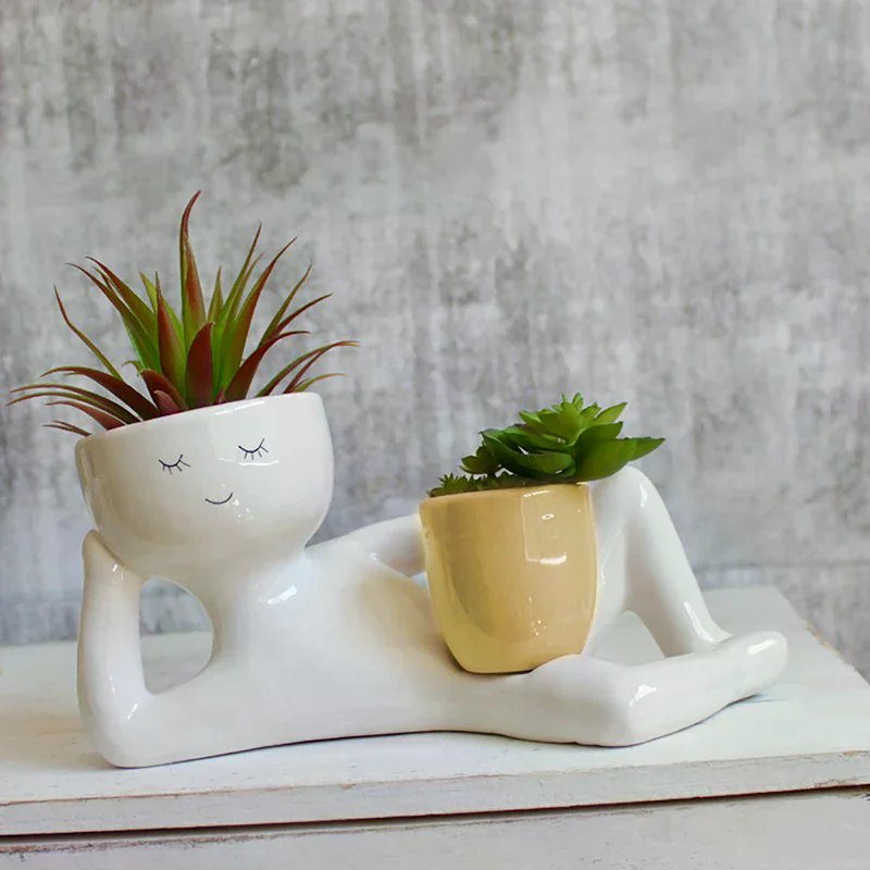 Lazy Guy Planter Pots For Indoor Plants Cute Resin Flower Head Planters Lying Down Figure Home Garden Decoration Gift