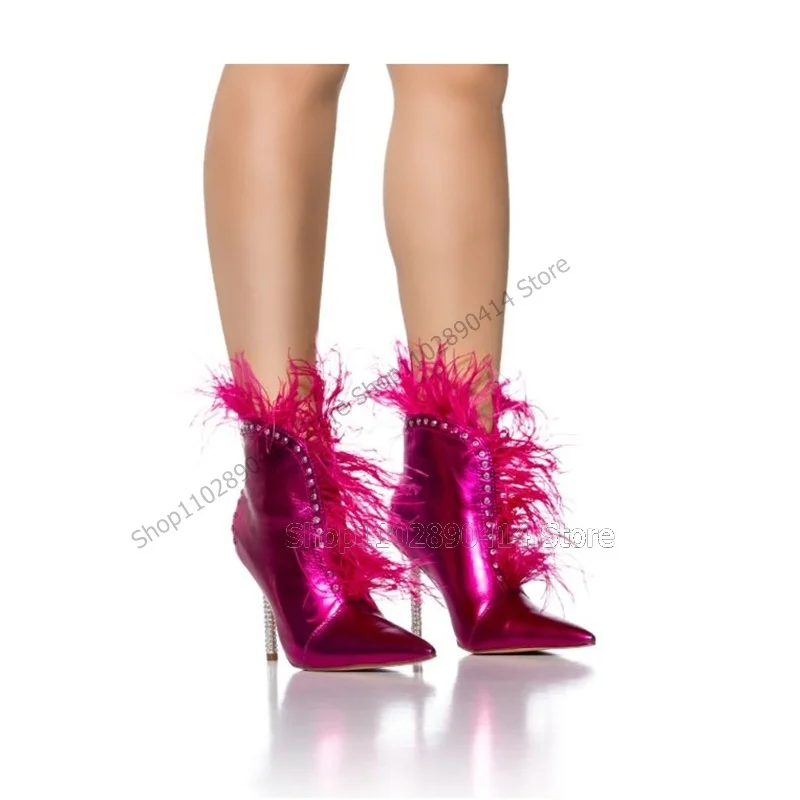 Rose Red Feather crystal Decor Pointed Toe Boots Slip On Women Shoes Thin High Heels Novel Fashion Sexy 2023 Zapatos Para Mujere