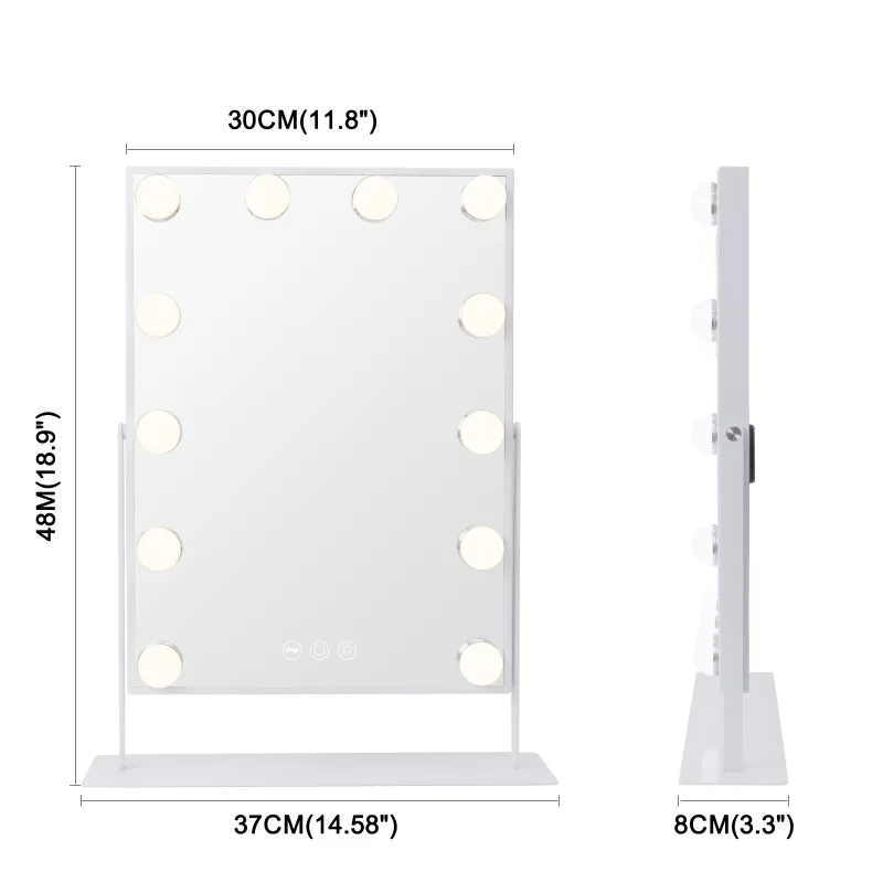 Hollywood Vanity Makeup Mirror With 12 LED Bulbs Perfect Size 11.81''×16.14'' White 360 Degree Rotation Smart Control 3