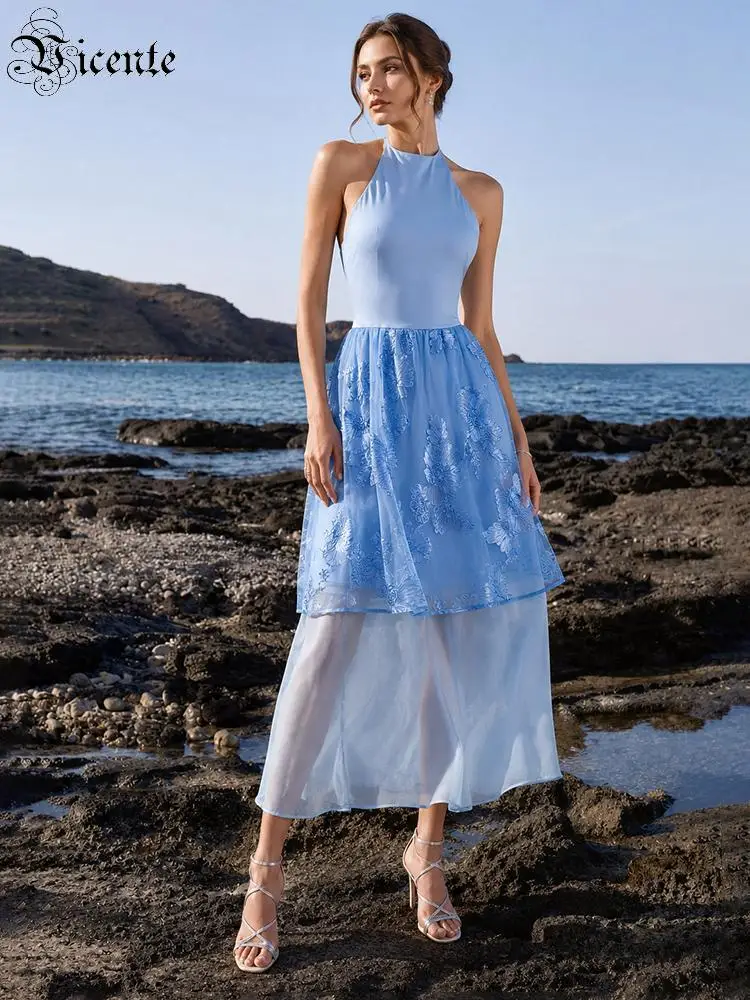 

VC 2026 Women's Halter Backless Dress Backless Sleeveless Prom Evening Dresses Mesh Transparent Embroidery Gown roupas feminina