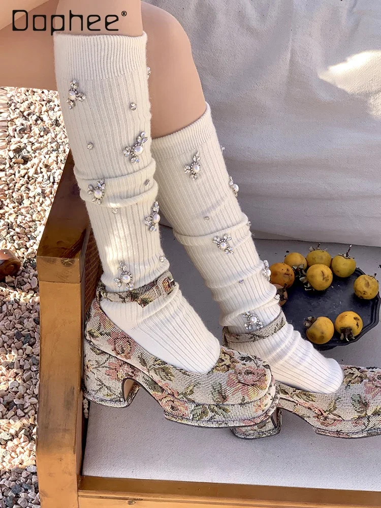 

Luxury Thick Wool Stockings Women Medium Tube Socks Heavy Industry Knee Socks Rhinestone Pearl Autumn and Winter Stockings