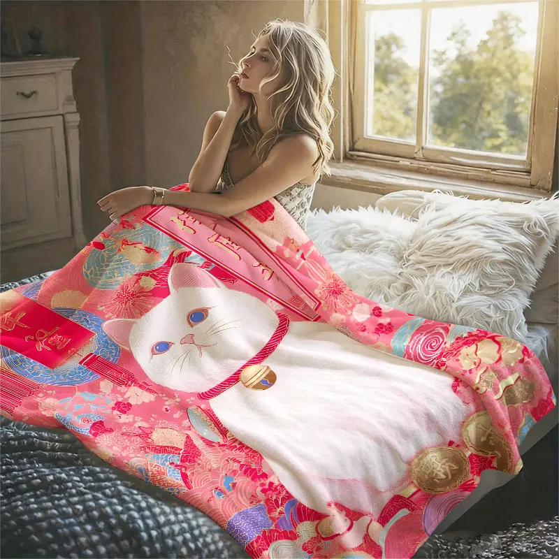 White Cat Lanterns Pink Flannel Blanket Perfect for Sofa Office Bed Travel Sleep Read Relax Camping Four Season Use