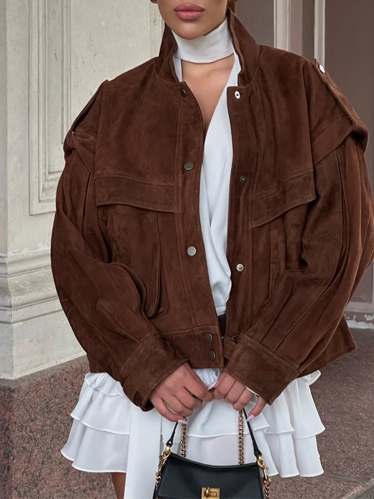 

European style new women's fashion versatile temperament solid color wide shoulder large pocket deerskin jacket