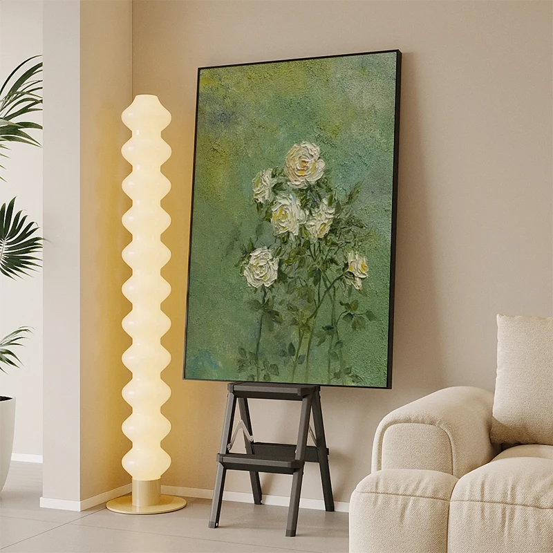 French retro white rose hand-painted oil painting green decorative painting in the entrance corridor