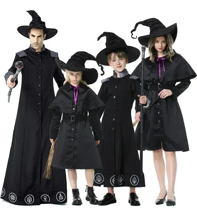 

Adult Kids Black Magician Robed Wizard And Witch Cosplay Costume With Hat Halloween Carnival Party Masquerade Parent-child Set