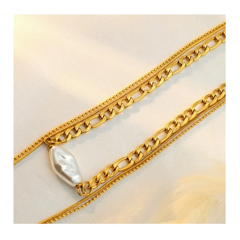 

Fashion Gold Stainless Steel Triple Stacked Heart Pendant Chain Baroque Pearl Necklace Women