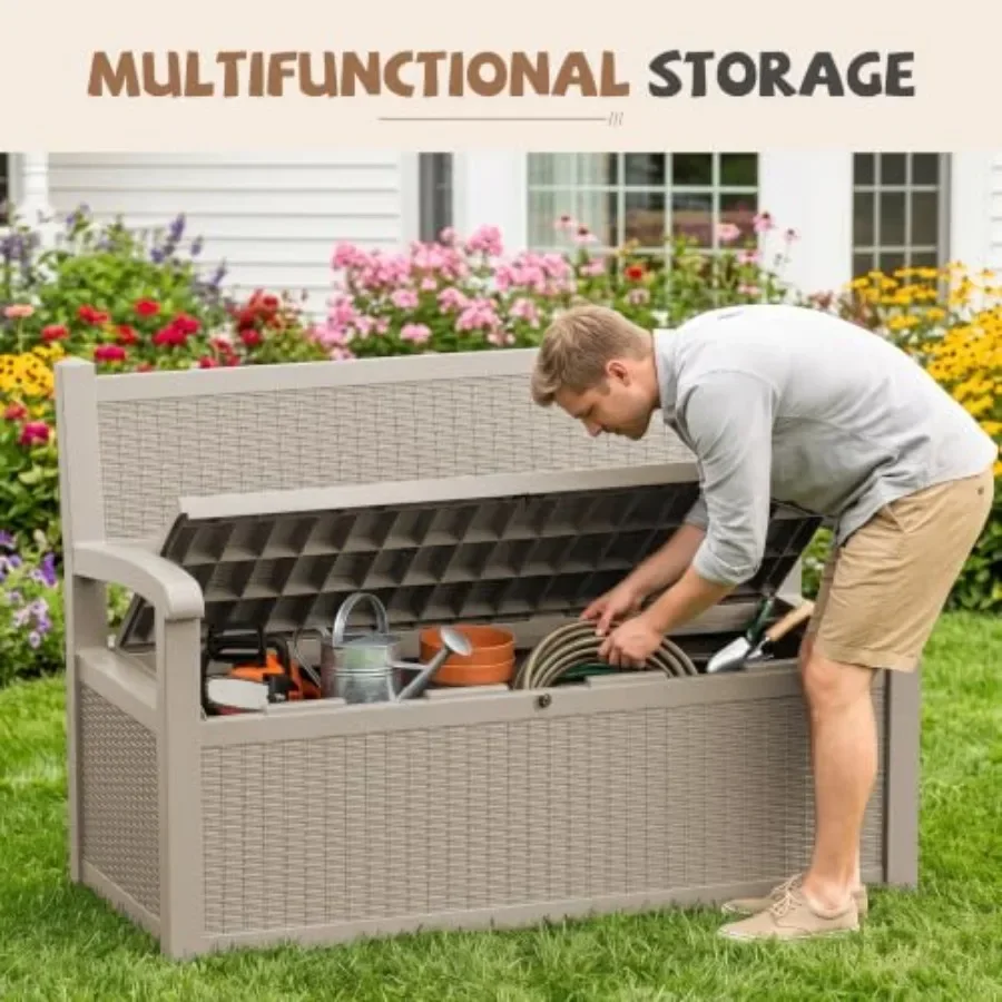 Outdoor Bench Storage Deck Box, 100 Gallon Waterproof Wicker