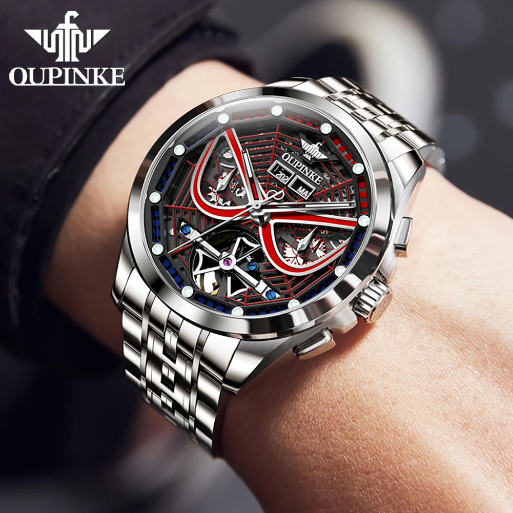 OUPINKE 3250 Original Men\'s Watch Deep Waterproof 3D Skeleton Stainless steel Automatic Mechanical Wristwatch Men Official Watch