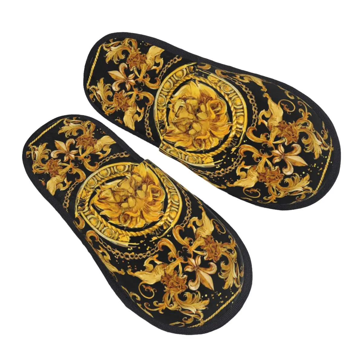 Custom Golden Lion And Damask Ornament Comfort Scuff Memory Foam Slippers Women Baroque Hotel House Shoes