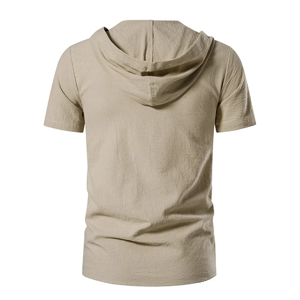 Summer Men's Hooded T-shirt Solid Color Cotton Lightweight Lace-up Short Sleeve Gothic Style Medieval Vintage Male Tops