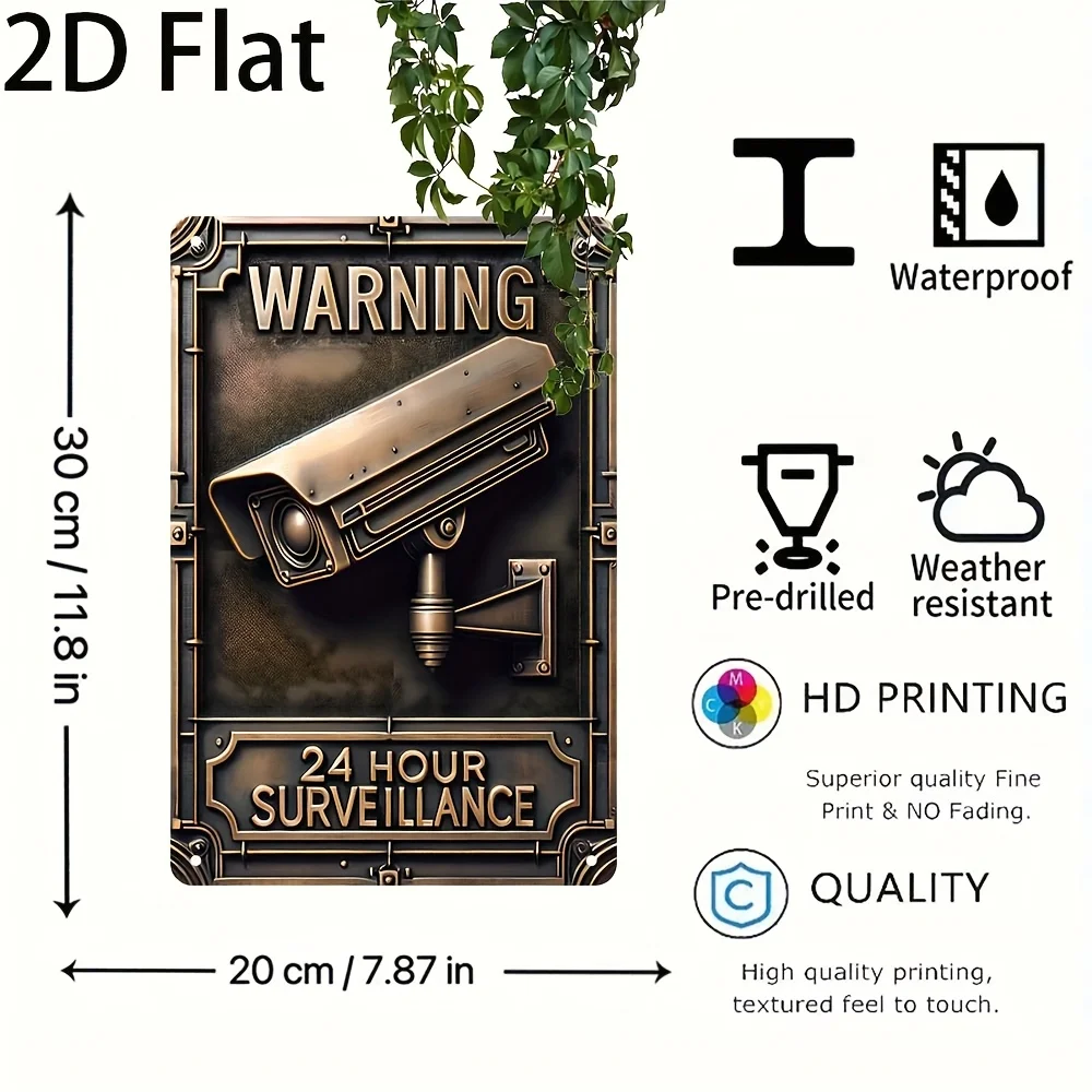 2D Flat, 2D Flat Vintage Metal Warning Sign - Decorative Iron Plaque, 24 Hour Surveillance, Wall Hanging, Multipurpose Decor for
