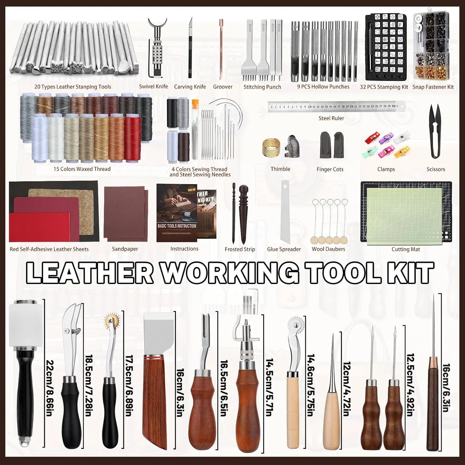 Leather Working Kit, Leather Working Tools and Crafting Kit with Custom Storage Bag, Engraving, Cutting, Sewing, Stamping, Sanding Supplies for DIY Handicraft Making and Repair view 2