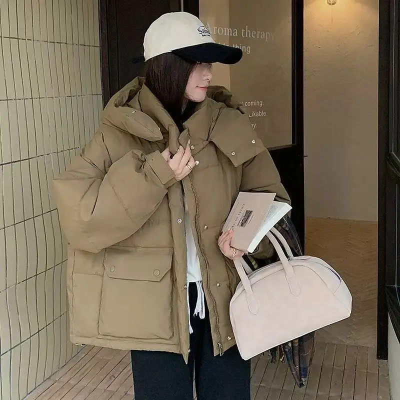 New Women Cotton Padded Jacket 2026 Winter Casual Hooded Loose Cotton Coat Parkas Female Chic Solid Thick Warm Puffer Outwear