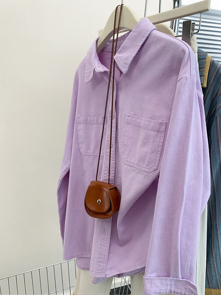 Purple Denim Shirt Coat Women 2024 Autumn New Design Sense Niche Solid Color Shirt Fashion Versatile Loose Jacket