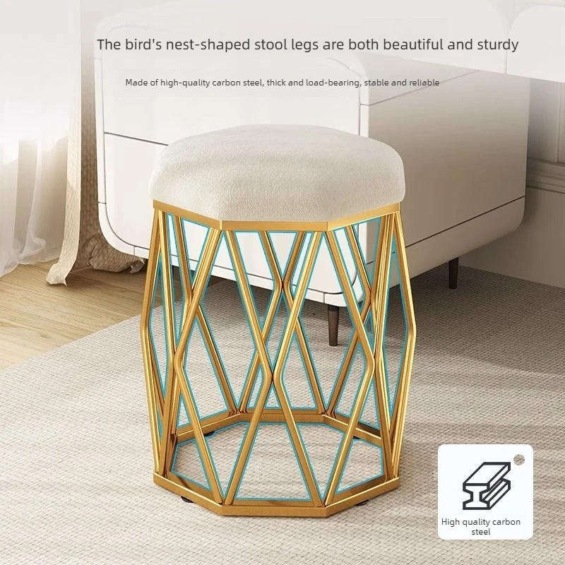 Home Use Light Luxury Round Vanity Stools Stable Quality Steel Frame Widened Seat Comfortable Cushion for Girls Bedroom