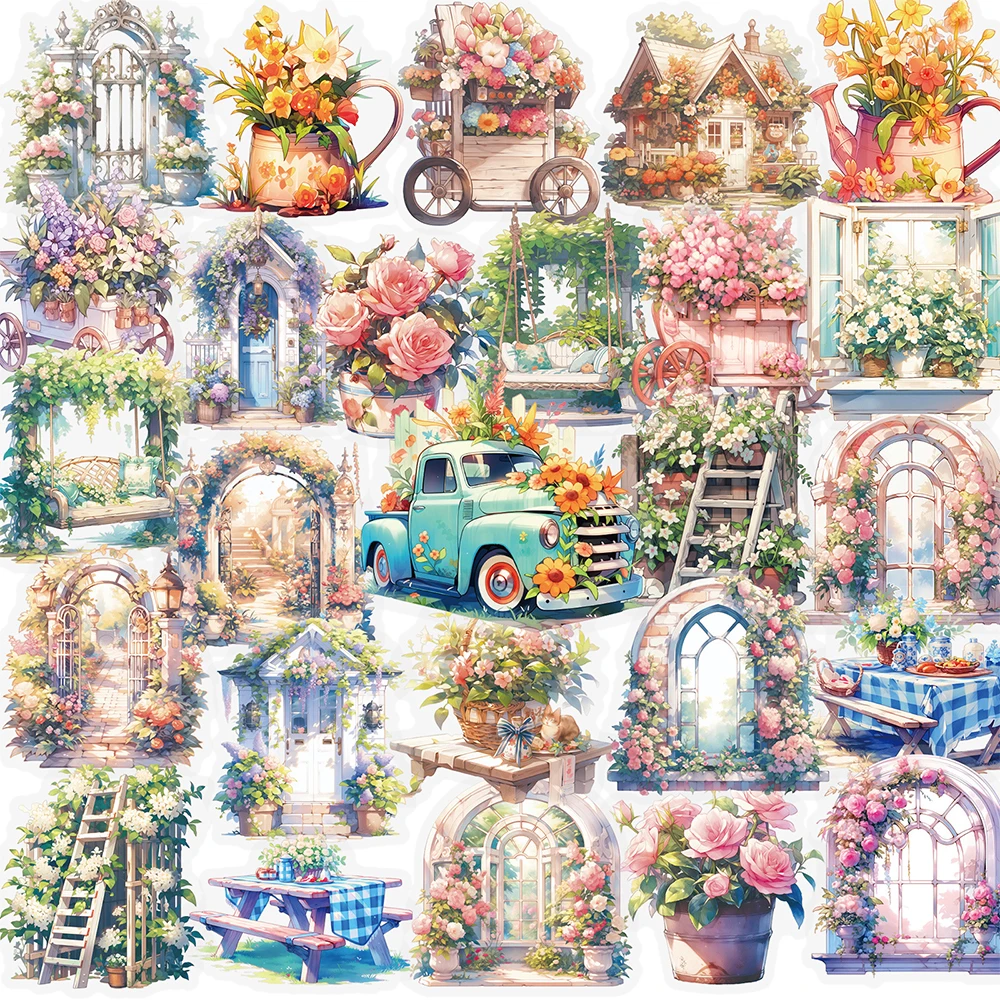 

10/30/56pcs Transparent Garden Flower Window PET Stickers Aesthetic DIY Luggage Phone Guitar Cute Cartoon Graffiti Sticker Packs