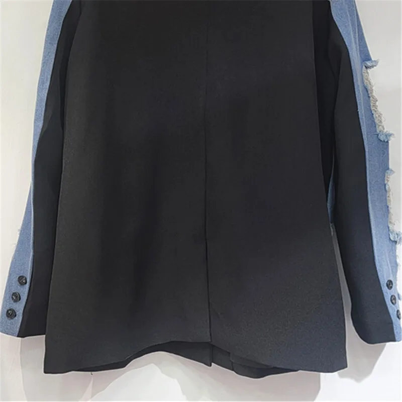 Spring Women Vintage Contrast Color Hole Denim Patchwork Black Suit Jacket Casual Notched Collar Long Sleeve Female Blazers Coat