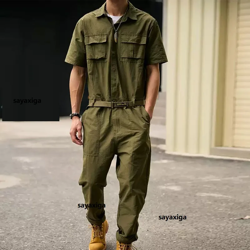 

Hip Hop Rompers Casual Summer Mens Short Sleeve One Piece Overalls Pockets Casual Jumpsuit Safari Style Slim Fit Long Cargo Pant