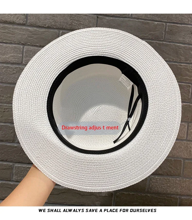 Fashionable Summer Sun Hat for Women Flat Top Straw Beach Boater Cap with Metal R Letter Design Ideal for Travel And Holidays