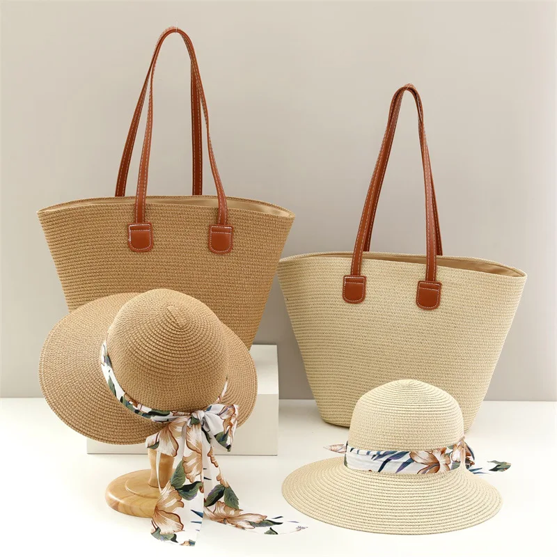 USPOP Tow-pieces Set Straw Hat and Bag Wide Brim Sun Hats with  Sweet Chiffon Flower Print Ribbon Bow Large Capacity Straw Bag