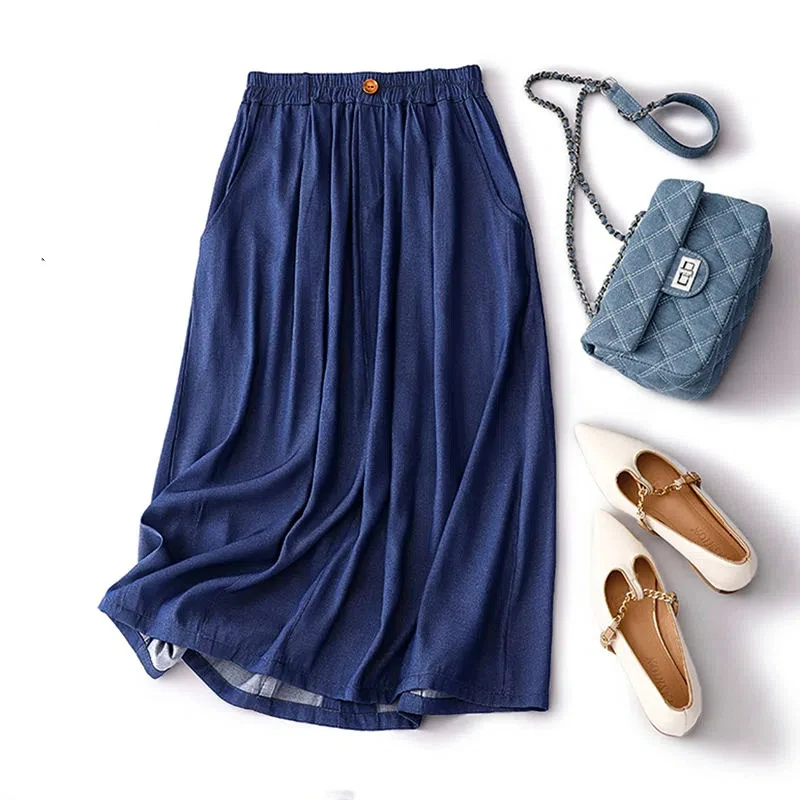 Women's Denim Skirt High Waist Drooping A-line Pleated Umbrella Skirt Thin