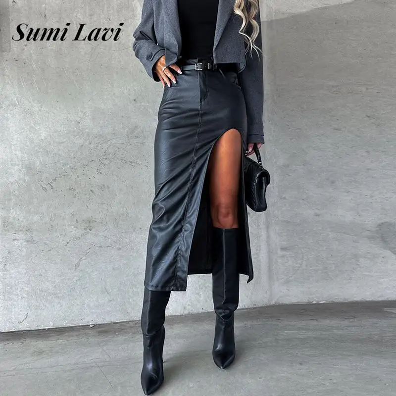 

Sexy Side Split Solid Color Party Skirts 2024 Fashion Sexy Hottie Half-body Skirts Women Elegant Hight Waist Slim Leather Skirt