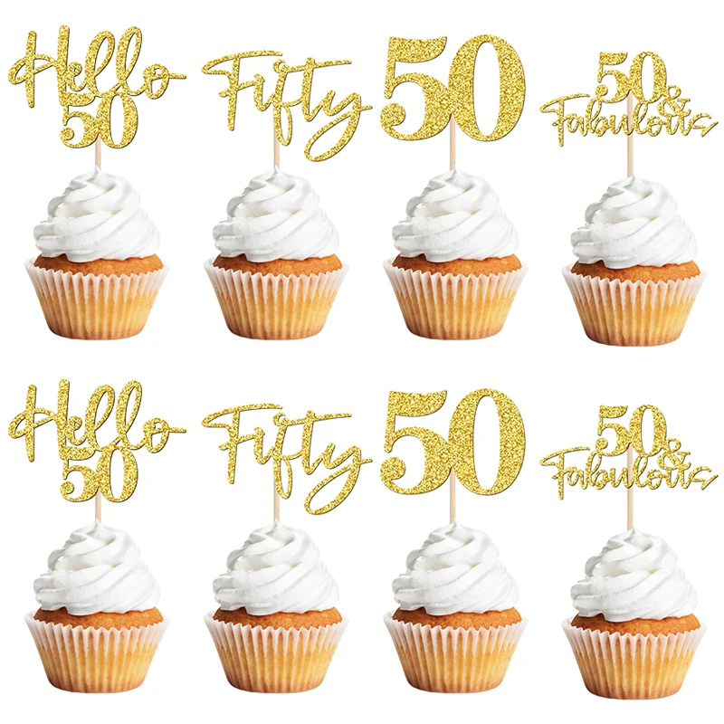 NUBECOM 24 Stück Geburtstagstorte Dekoration Glitzer 50 Cupcake Topper für Hallo 50 Hochzeitstag Party Kuchen Dekor Zubehör – Detail 7