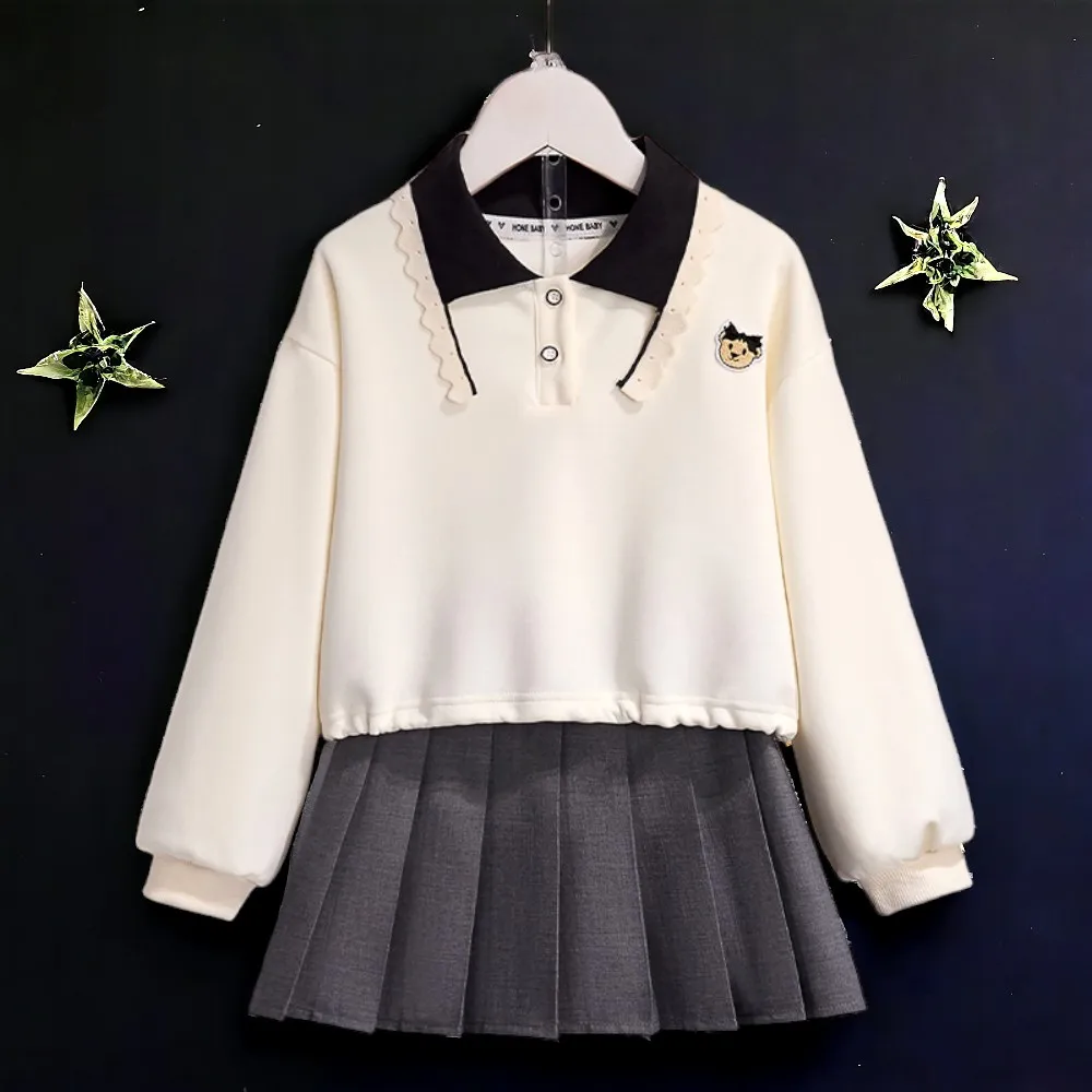 Girls Preppy Outfits Suit Floral Beige Shirt & Skirt 2PCS School Uniform Teens Kids Set Baby Bohemia Costumes 6 8 9 10 12 Years