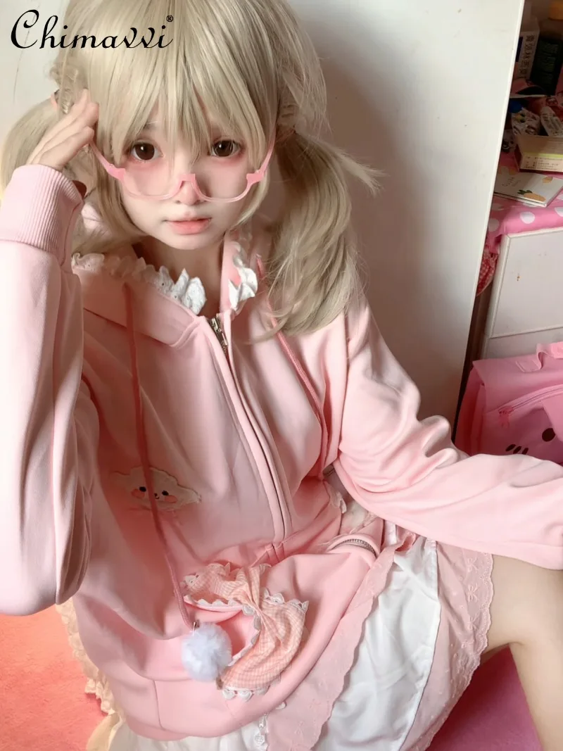 

Оригинальный милый розовый кардиган с большими ушками для девочек, толстовка, осеннее новое кавайное пальто с длинными рукавами, студенческая толстовка с капюшоном Y2K