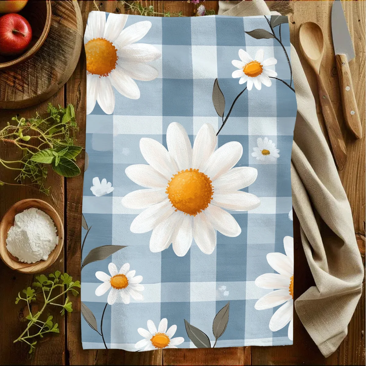 1pc Blue Plaid Daisy Printed Scrub Cloth, Soft Absorbent Kitchen Hand Towel, Perfect for Kitchen, Dining Room, Bathroom, Dorm