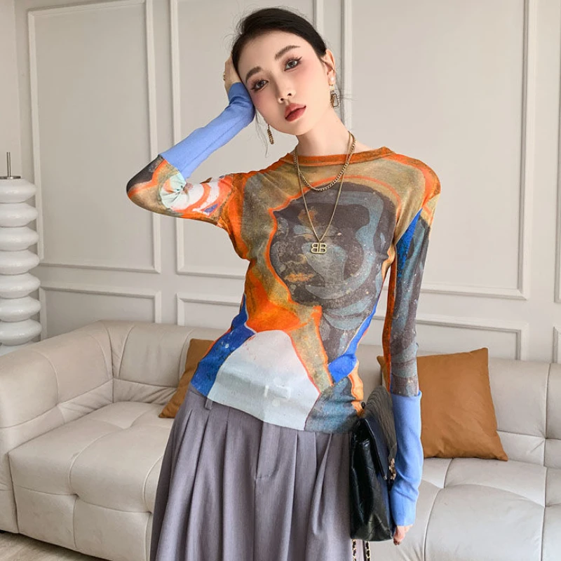 T-shirts Women Print Design Fashion Slim Simple All-match Sexy American Style Vintage Thin Summer Sun-proof Elegant Tender Daily