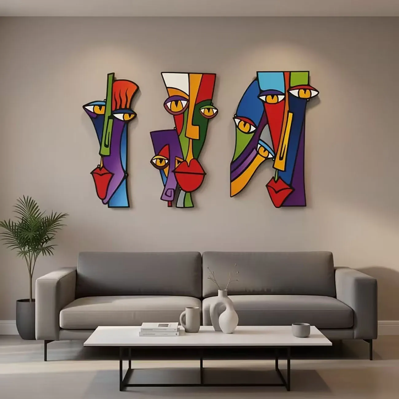 Set of 3 Modern Cubist Abstract Face Wall Signs with Nano Tape, Colorful Geometric Wood Art for Contemporary Home Decoration