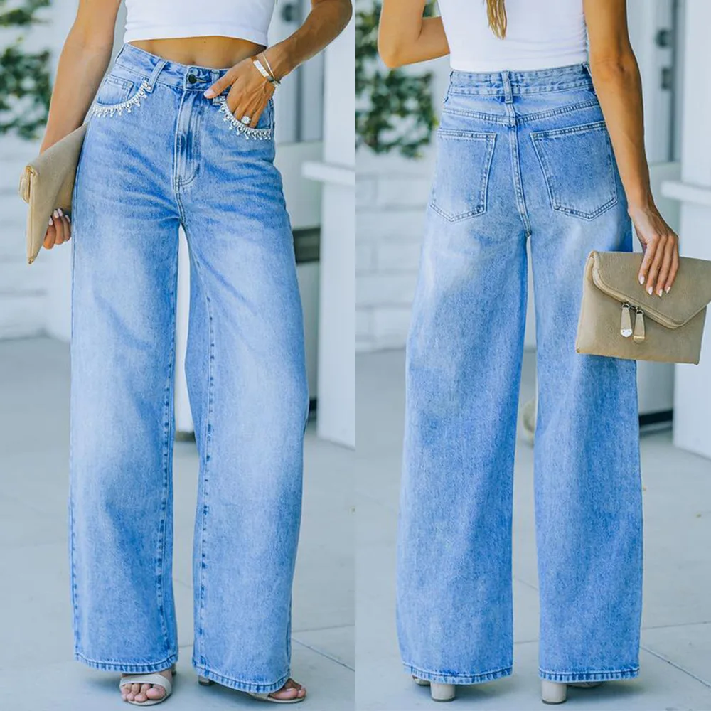 

2024 new style petal pocket temperament casual loose washed denim pants women