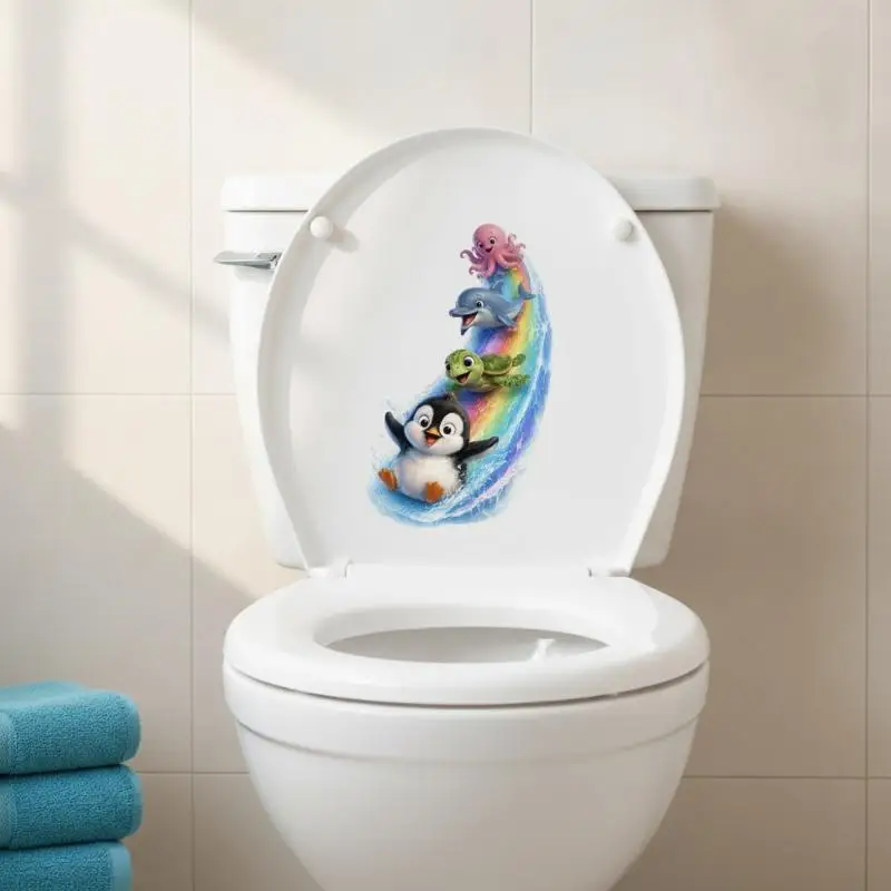 Cute Sea Animal Toilet Sticker Waterproof Bathroom Wall Sticker Self-Adhesive Removable Decals Home Decor DIY