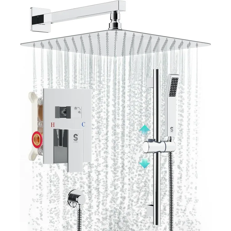 12 Inch Slide Bar Shower System, Square Rain Shower Head and Handheld Spray, Wall Mounted Shower Faucets Sets Complete